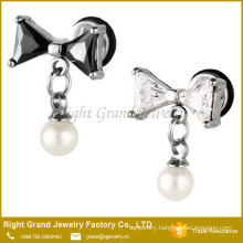 Cubic Zircon Bowknot Imitation Pearl Stainless Steel Barbell Helix Earring